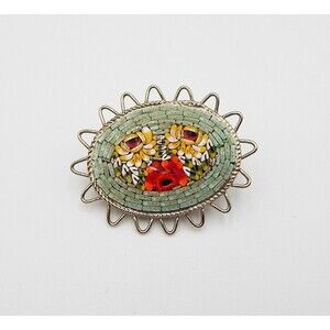Micro Mosaic Brooch Pin Flower Floral Silver Tone Green Oval Italy